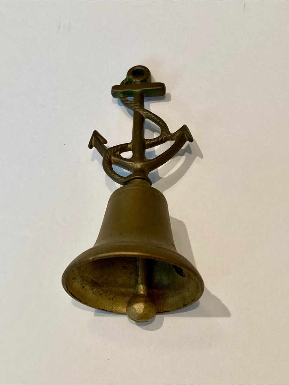 Vintage Solid Brass Nautical Hand Bell with Anchor, Martime Cottagecore Decor 5”